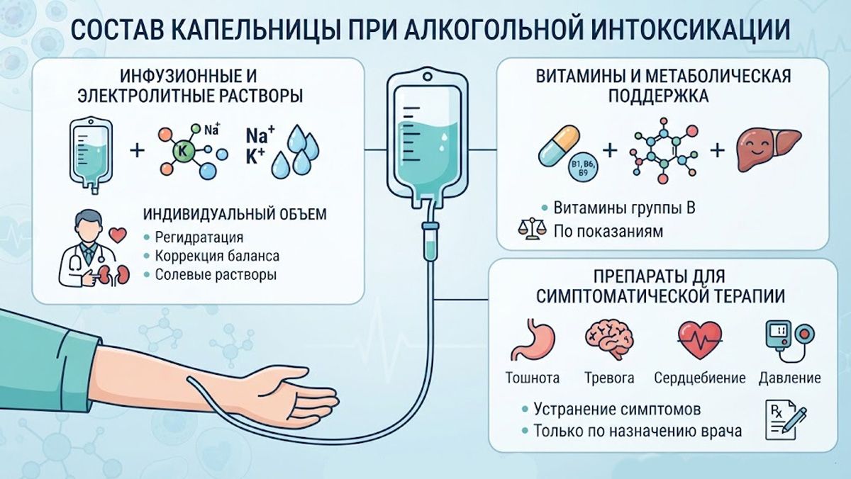 Инфографика: состав капельницы при алкогольной интоксикации, включающий инфузионные растворы, витамины и симптоматические препараты.